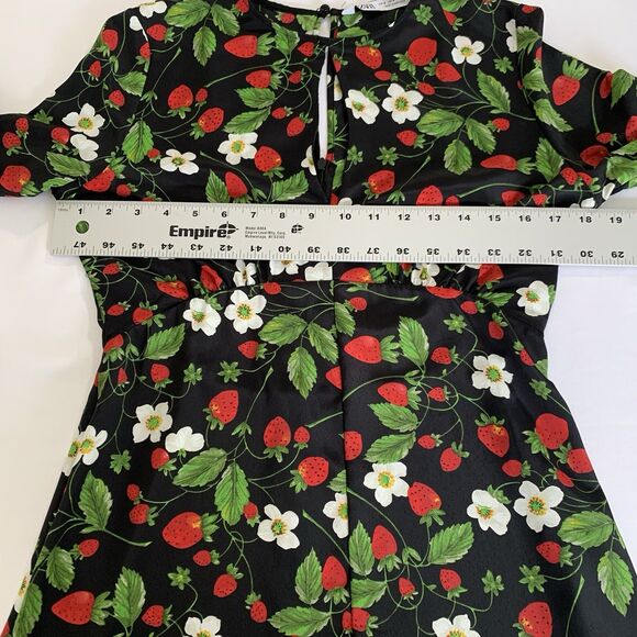 Zara Romper Jumpsuit Women M Black Strawberry Floral Long Sleeve Festival Party - Picture 7 of 11